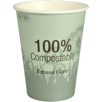 Den Abena Re-Seller GmbH komposterbara kaffemuggen "Dandelion" är en grön kaffemugg med texten "100% Compostable Because I Care!" och ett silhuettmotiv av växter och maskros i bakgrunden.