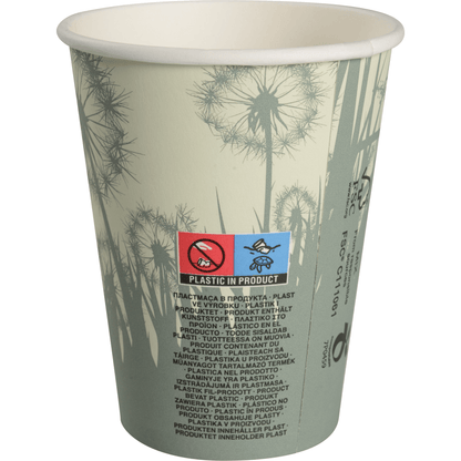 Den Abena Re-Seller GmbH komposterbara kaffemuggen "Maskros" är en pappersmugg med ett ljusgrönt maskrosmotiv; etiketten säger "Plast i produkten" och symboler som indikerar att den inte är komposterbar eller miljövänlig.