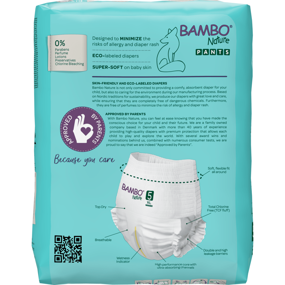 En förpackning Bambo Nature Pants, storlek 5, från Abena Re-Seller GmbH kännetecknas av miljövänliga blöjor med miljömärke som är andningsbara och har en flexibel passform. De viktigaste egenskaperna visas på den teal-färgade förpackningen.