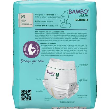 En förpackning Bambo Nature Pants, storlek 5, från Abena Re-Seller GmbH kännetecknas av miljövänliga blöjor med miljömärke som är andningsbara och har en flexibel passform. De viktigaste egenskaperna visas på den teal-färgade förpackningen.