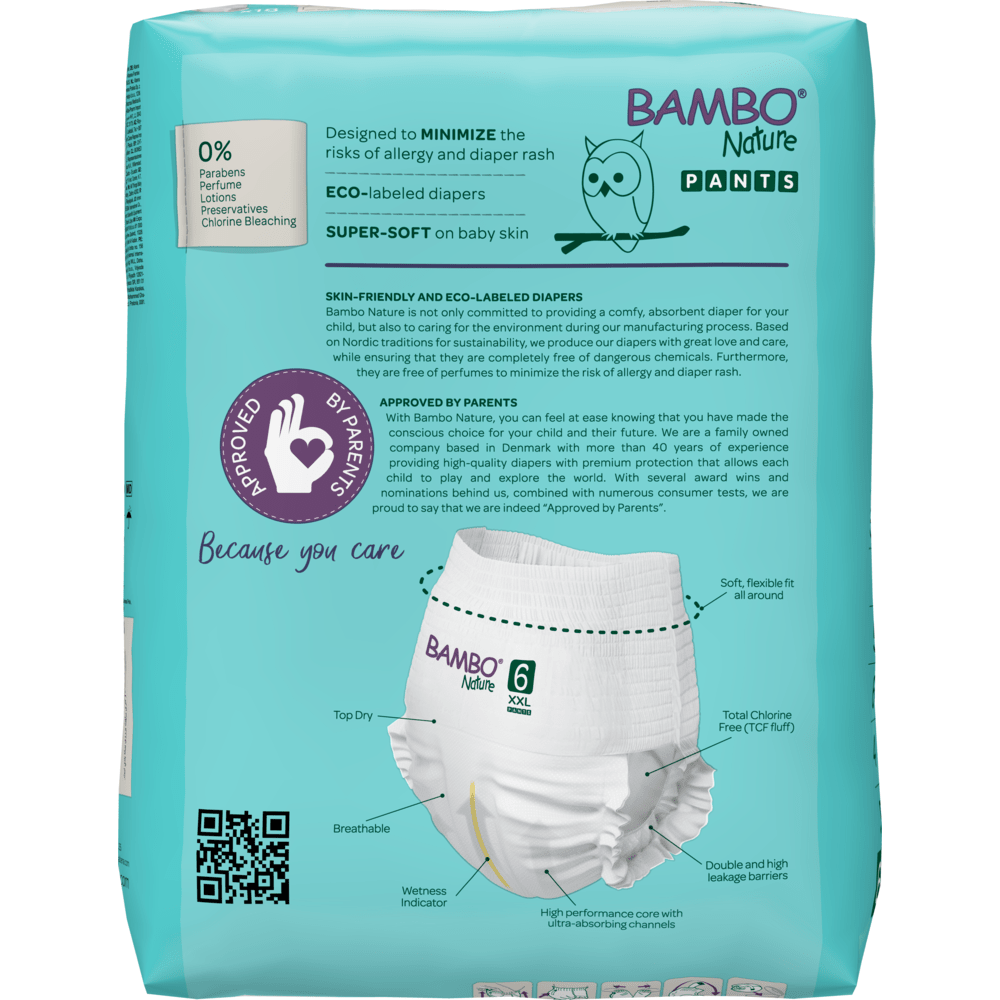 Baksidan av en teal-färgad Bambo Nature Pants (storlek 6 XXL) från Abena Re-Seller GmbH, med miljömärke för miljövänliga och hudvänliga blöjor, supermjuka, minimerar allergier, och visar en blöjbild.