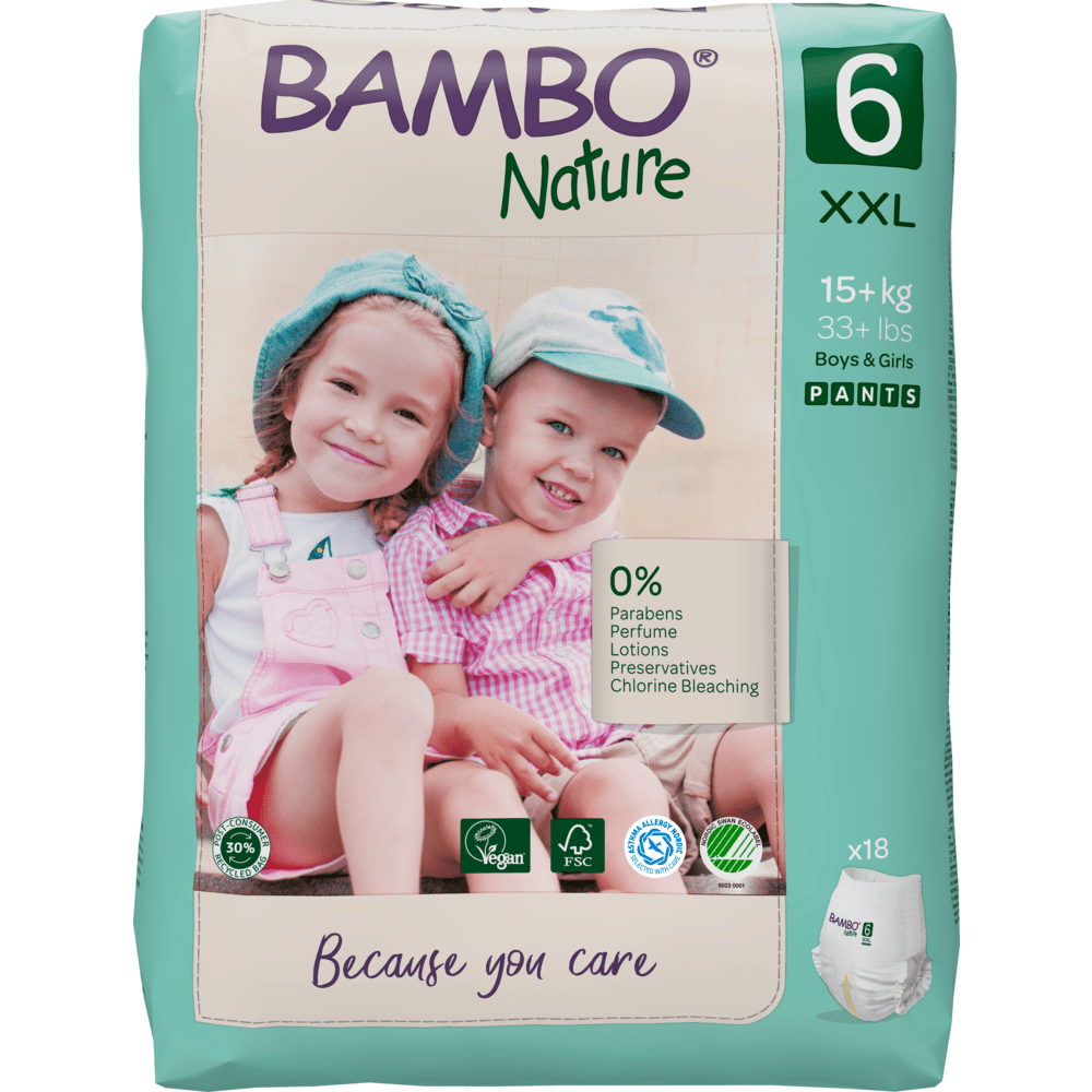 En förpackning av Bambo Nature Pants XXL från Abena Re-Seller GmbH i storlek 6, som visar två leende barn i pastellfärgade kläder. Den miljövänliga förpackningen marknadsförs med 0% parabener, är vegancertifierad och innehåller 18 hudvänliga blöjbyxor.