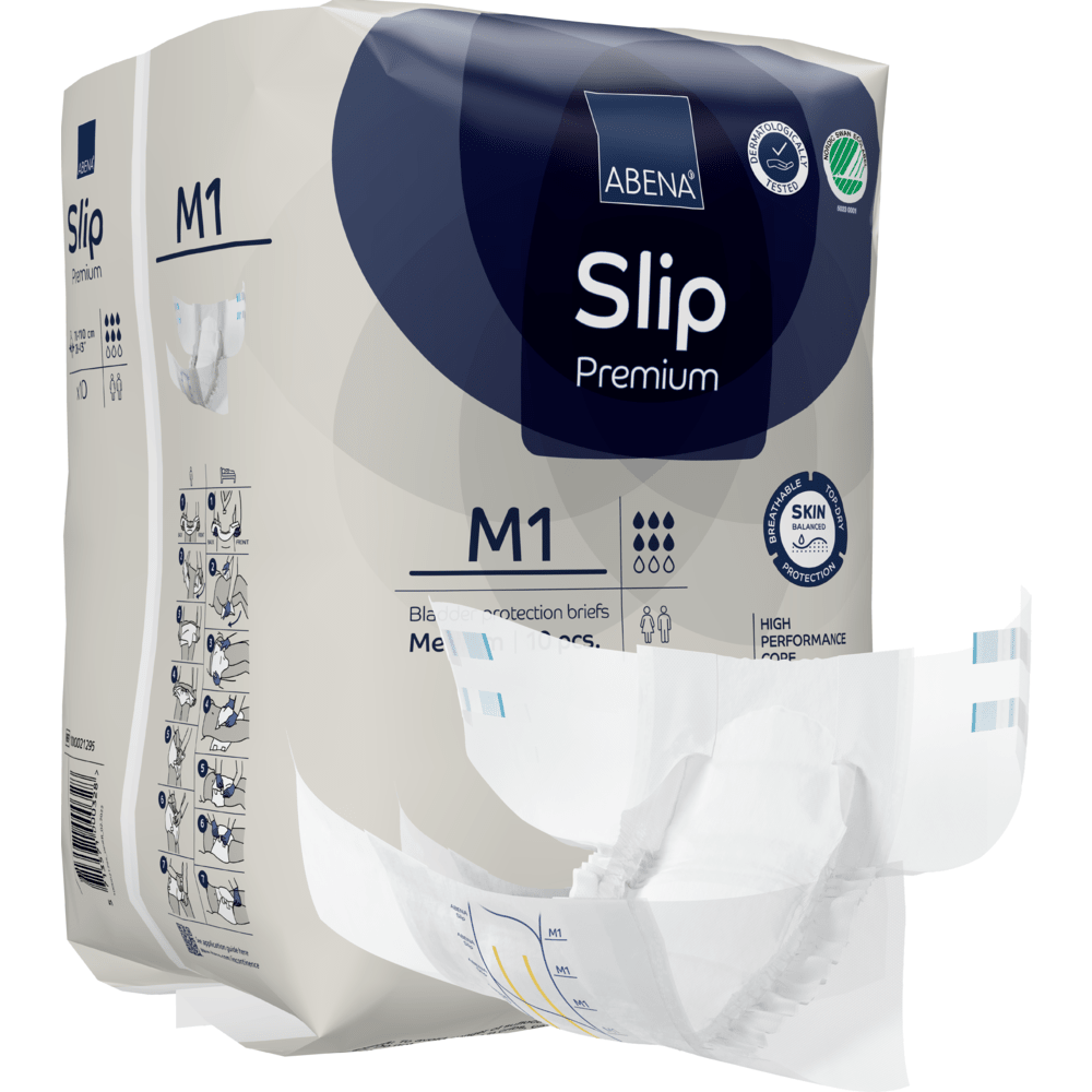 En förpackning av ABENA Slip Premium från Abena Re-Seller GmbH visas, där en slip delvis har tagits bort för att visa designen. Förpackningen framhäver produktegenskaper och ikoner för de viktigaste funktionerna.