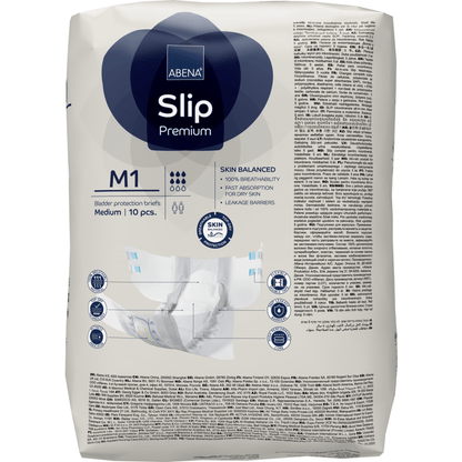 Ett paket ABENA Slip Premium från Abena Re-Seller GmbH, medelstorlek, 10 stycken. Utvecklad för inkontinensvård med flerspråkig förpackning som innehåller funktioner, certifieringar och bruksanvisningar.