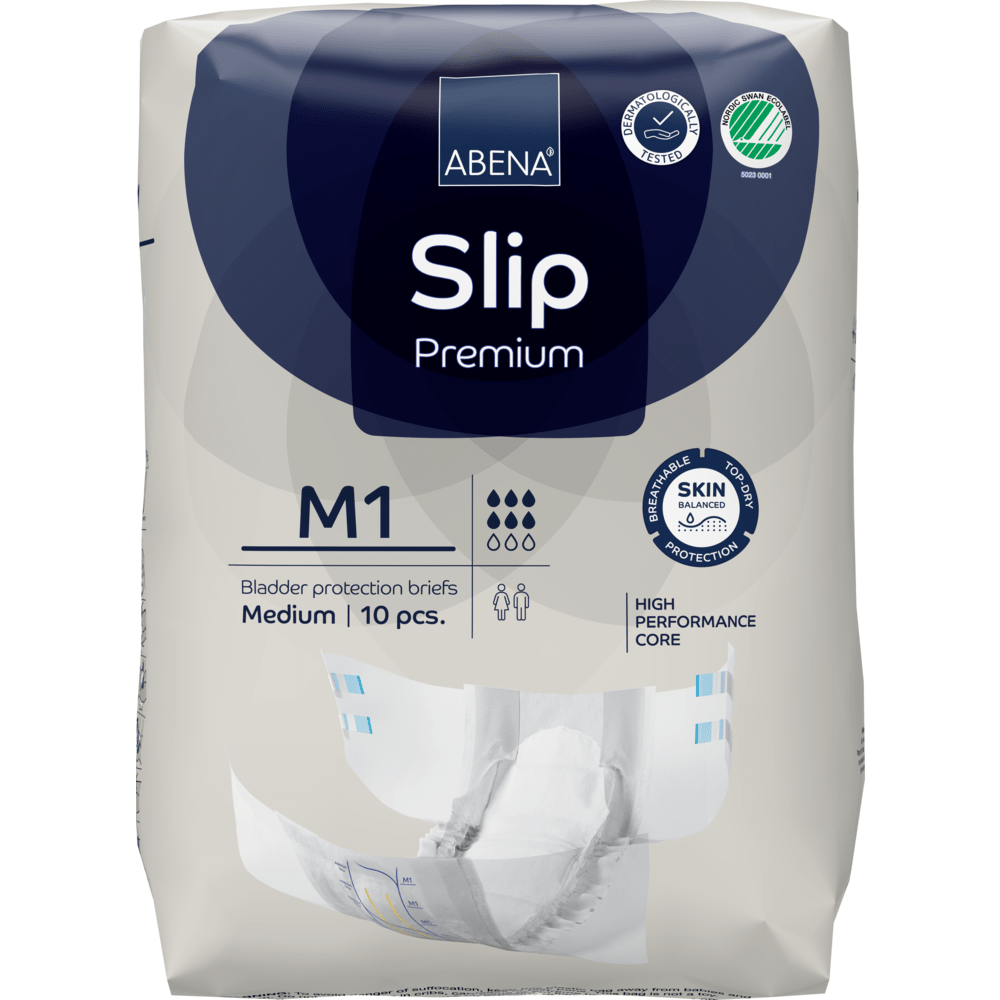 ABENA Slip Premium från Abena Re-Seller GmbH, medelstorlek, 10-pack. Utvecklad för inkontinensvård med en högpresterande kärna och avancerat hudskydd, som anges på förpackningen.