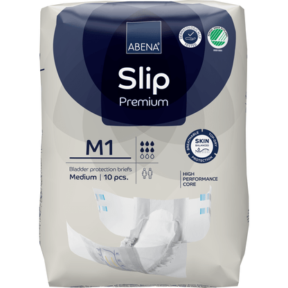 ABENA Slip Premium från Abena Re-Seller GmbH, medelstorlek, 10-pack. Utvecklad för inkontinensvård med en högpresterande kärna och avancerat hudskydd, som anges på förpackningen.