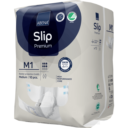 Ett paket ABENA Slip Premium från Abena Re-Seller GmbH, storlek M1 (medium), innehåller 10 stycken och kännetecknas av hudvänliga material och en kraftfull kärna för effektivt inkontinensskydd.