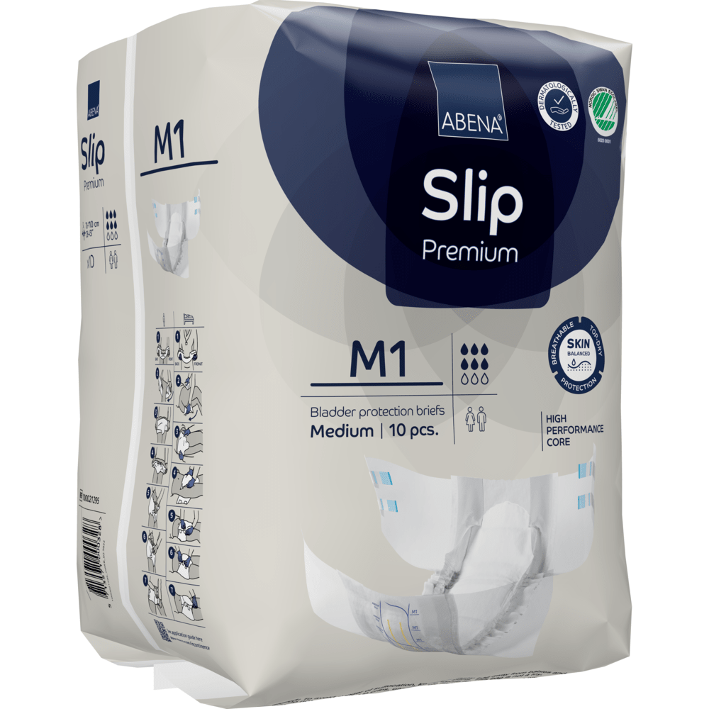 10-pack ABENA Slip Premium från Abena Re-Seller GmbH, storlek medium, kännetecknas av hudvänligt material, en kraftfull kärna och en illustrerad guide för optimal inkontinensvård.