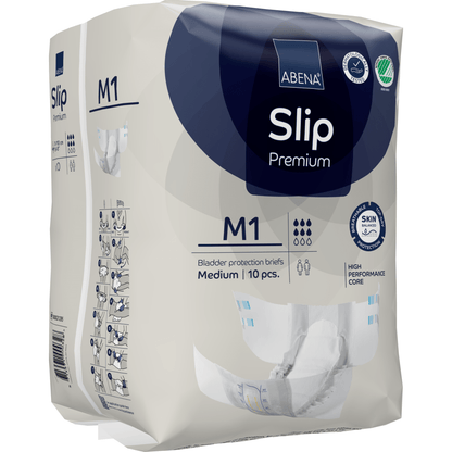 10-pack ABENA Slip Premium från Abena Re-Seller GmbH, storlek medium, kännetecknas av hudvänligt material, en kraftfull kärna och en illustrerad guide för optimal inkontinensvård.