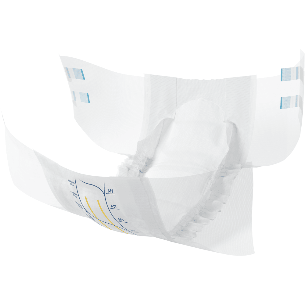 ABENA Slip Premium från Abena Re-Seller GmbH har elastiska benavslut, sidoklisterlås och blå/gula indikatorlinjer, som visas öppna och isolerade på vit bakgrund för att säkerställa optimal inkontinensvård.