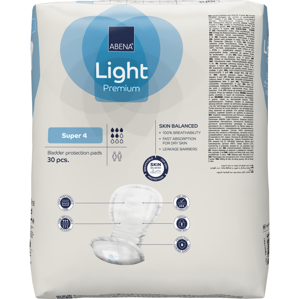 Eine Packung ABENA Light Super 4, Premium (30 Stück) von Abena Re-Seller GmbH bietet einen atmungsaktiven, schnell absorbierenden Blasenschutz mit Hautausgleich, der auf der Vorderseite mit einer Tamponabbildung dargestellt ist.