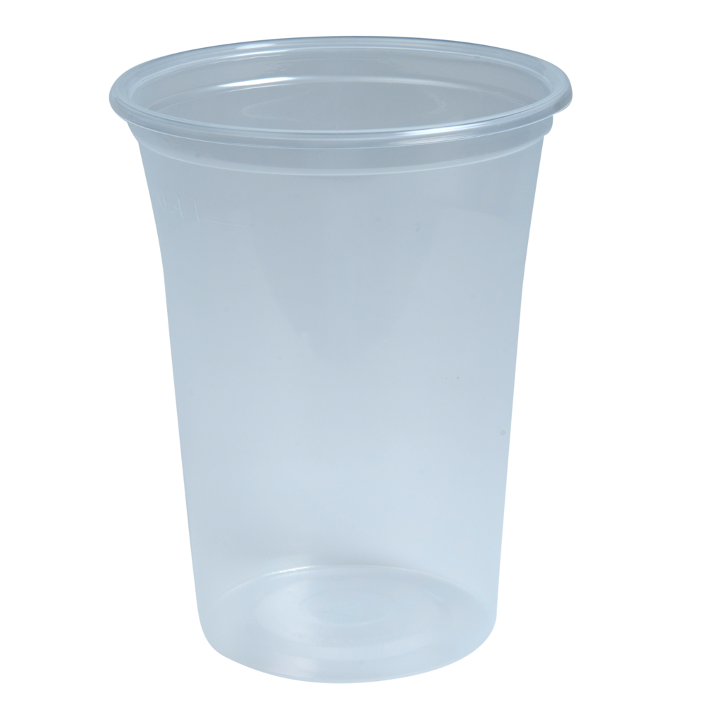 Abgebildet ist ein transparentes Abena Re-Seller GmbH Trinkglas aus bruchfestem Polypropylen vor einem weißen Hintergrund. Dieser spülmaschinenfeste Becher hat einen leicht ausgestellten Rand und glatte Seiten.