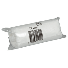 En rulle Abena Re-Seller GmbH Bin Line påsar 12 L, 400x570 mm, 10 my vit LLDPE (20 påsar) levereras i en transparent förpackning med texten "12 L" och en streckkod på förpackningen.