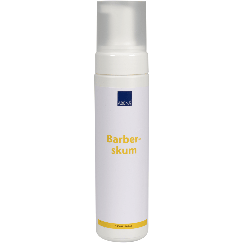 En vit flaska med texten "Raklödder, 200 ml" från Abena Re-Seller GmbH med ett klart lock står upprätt mot en enkel vit bakgrund - mild skum i kartong (6 förpackningar), idealisk för en grundlig rakning.