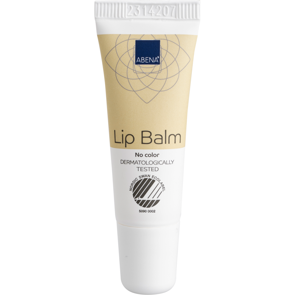 Die beige-weiße 10-ml-Tube der Abena Re-Seller GmbH Lippenpflegesalbe mit weißer Kappe und der Aufschrift "No color", "DERMATOLOGISCH GEPRÜFT" und dem Nordic Swan Ecolabel spendet Feuchtigkeit für weiche, gesunde Lippen. Erhältlich als Karton (300 Packungen).