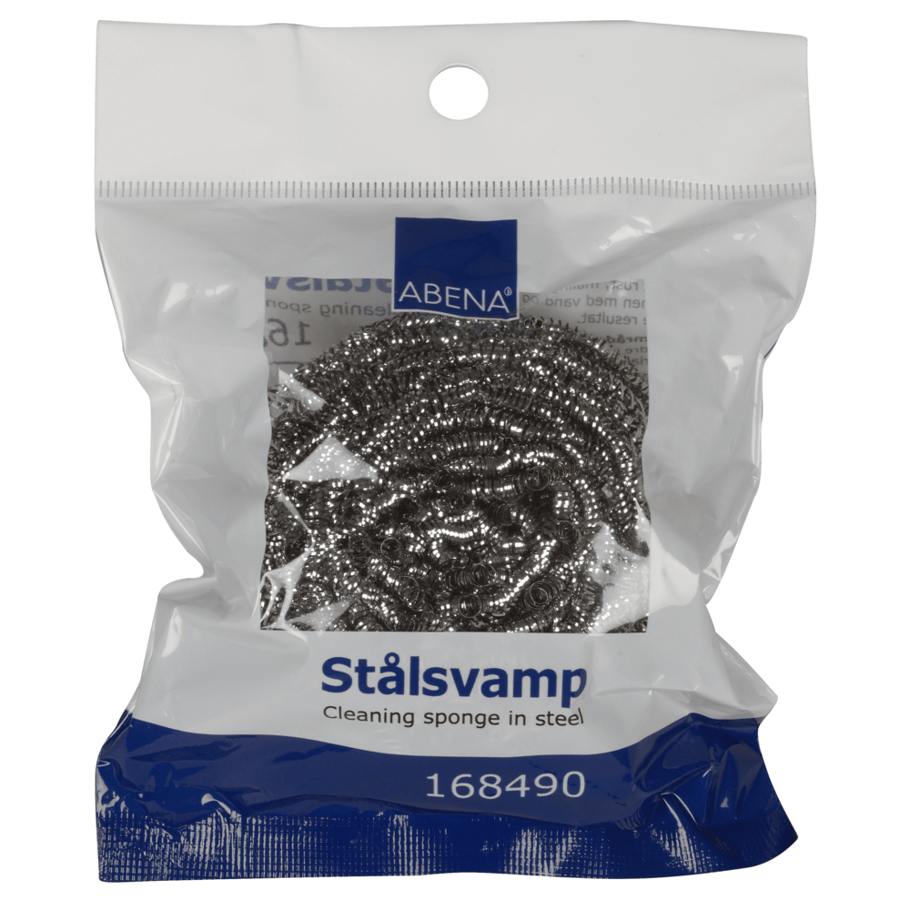 En 40g rostfri stålsnurra (förpackning med 10 stycken), produktnummer 168490, från Abena Re-Seller GmbH. Den klara blå förpackningen bär märkeslogotypen upptill och marknadsför rostbeständigt material för köksrengöring.