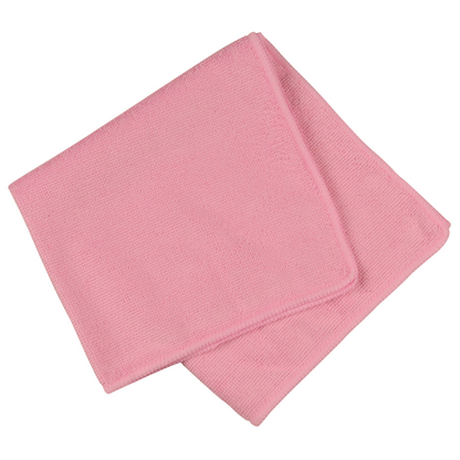 Avbildad är en vikt ljusrosa mikrofiberduk ENA Standard, 40x40 cm från Abena Re-Seller GmbH, med synlig kantstygn på vit bakgrund.