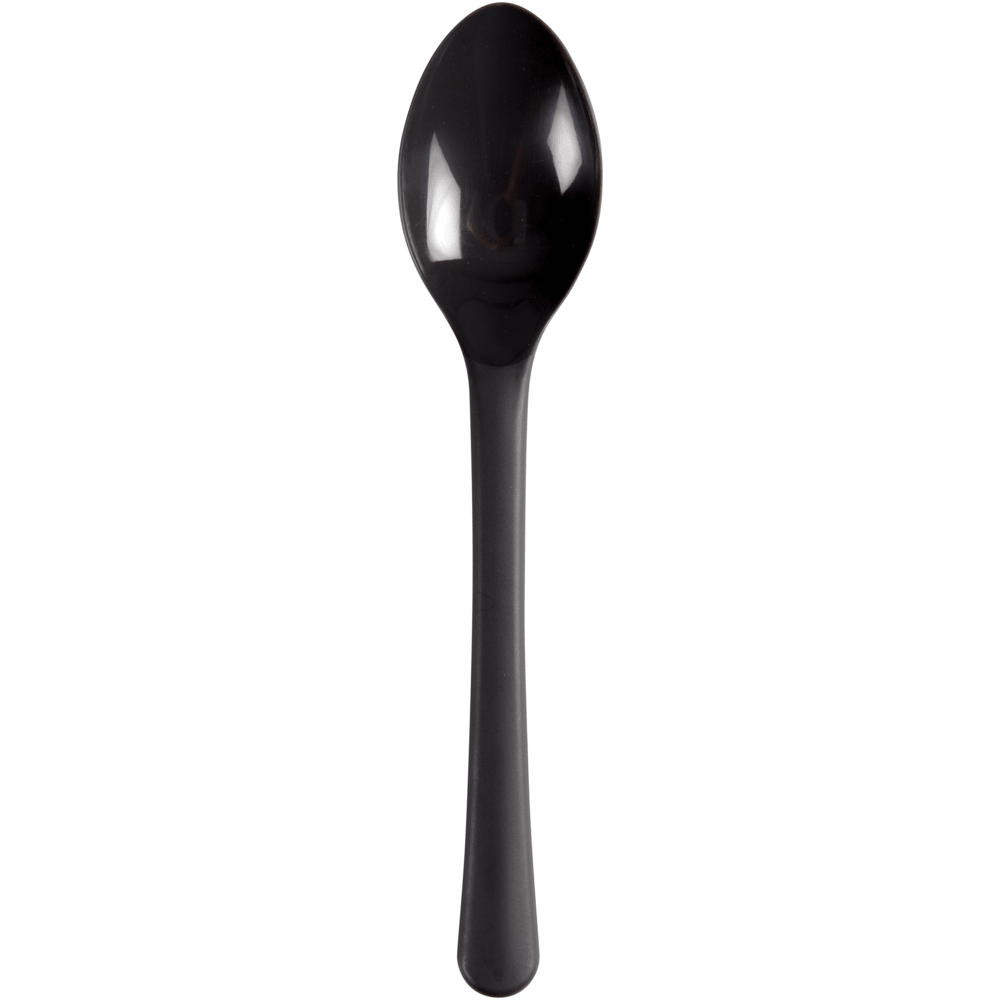En miljövänlig svart återanvändbar tesked (14 cm) av polypropen från Abena Re-Seller GmbH syns vertikalt mot en vit bakgrund med handtaget nedåt och skeden uppåt. Förpackning: 100 stycken.