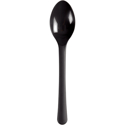 En miljövänlig svart återanvändbar tesked (14 cm) av polypropen från Abena Re-Seller GmbH syns vertikalt mot en vit bakgrund med handtaget nedåt och skeden uppåt. Förpackning: 100 stycken.