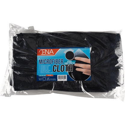 En förpackning Abena Re-Seller GmbH mikrofiberduk Shiny-Stretch (40x40 cm), med en etikett med en hand som håller duken, och produktinformation i blått, rött och vitt på förpackningen.