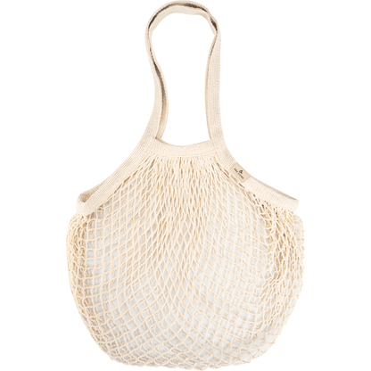Det ENA Living shoppingnätet från Abena Re-Seller GmbH (kartong med 24 förpackningar), beige och återanvändbart med två handtag, presenteras tomt mot vit bakgrund - idealiskt för miljömedveten shopping.