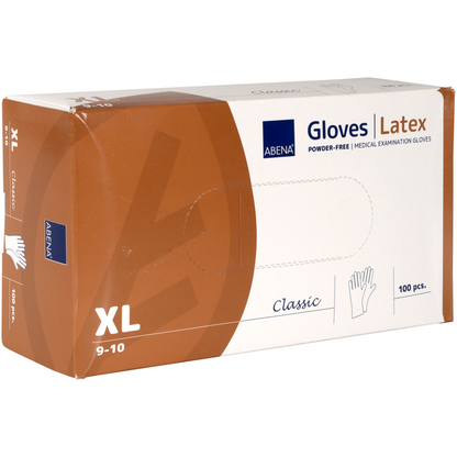 Eine rechteckige Schachtel der Abena Re-Seller GmbH Latex-Handschuhe Classic, Puderfrei, Natur in der Größe XL (9-10), für den medizinischen Gebrauch in Gesundheitseinrichtungen, enthält 100 Handschuhe. Die weiß-braune Schachtel ist mit Text und Grafik der Handschuhgröße gekennzeichnet.