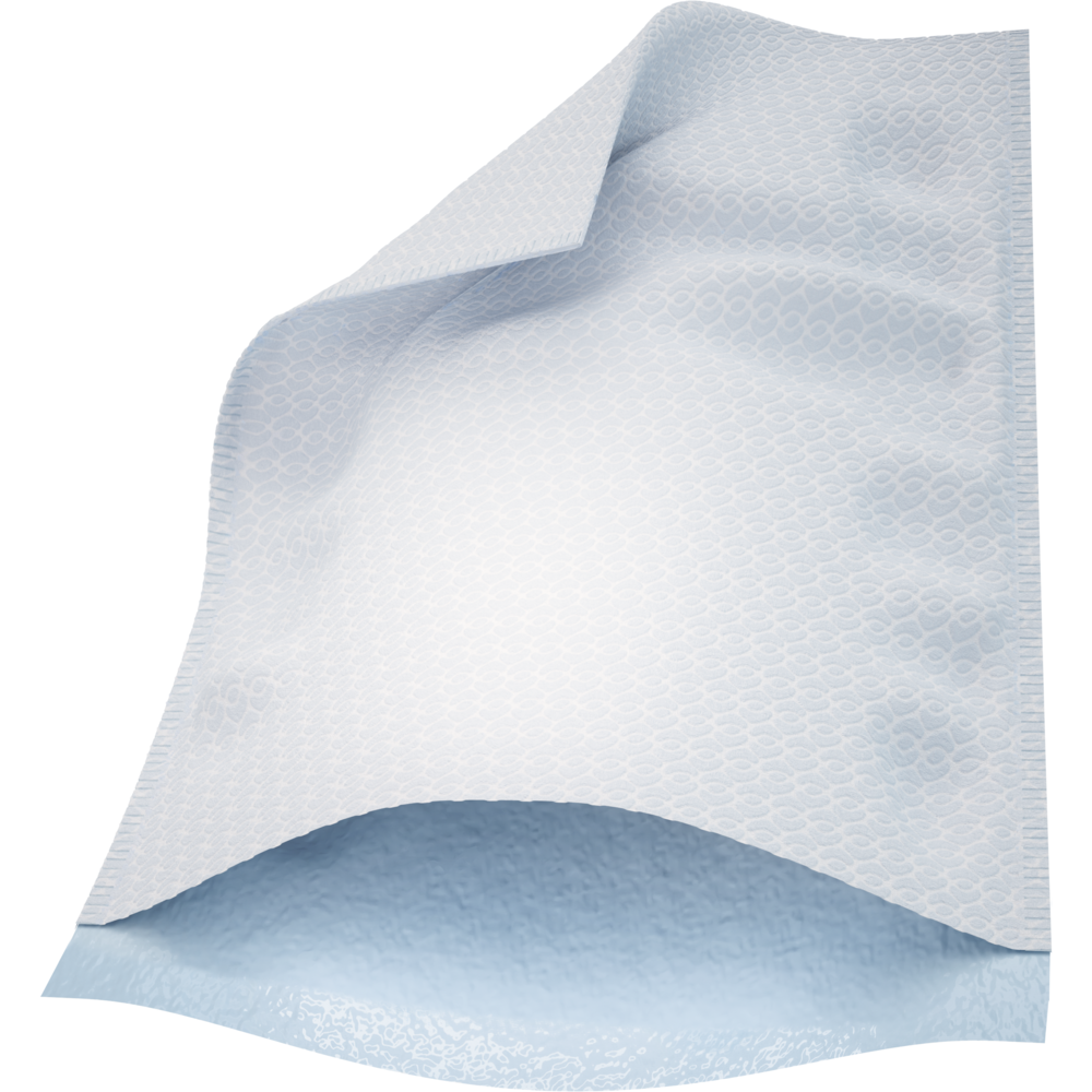 Eine Nahaufnahme eines Abena Re-Seller GmbH Waschhandschuhs (16x23 cm, Airlaid/PE, Weiß, 50 Stück) zeigt die strukturierte weiße Oberseite aus Airlaid/PE und die blaue wasserfeste Unterseite, wobei eine Ecke angehoben wurde, um die Unterseite sichtbar zu machen.