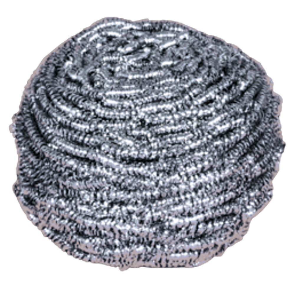 Närbild av en Abena Re-Seller GmbH rostfri spiral, 60 g, förpackning (10 stycken): en rund silverfärgad skursvamp av tätt lindade metalltrådar för rengöring, avbildad mot vit bakgrund.