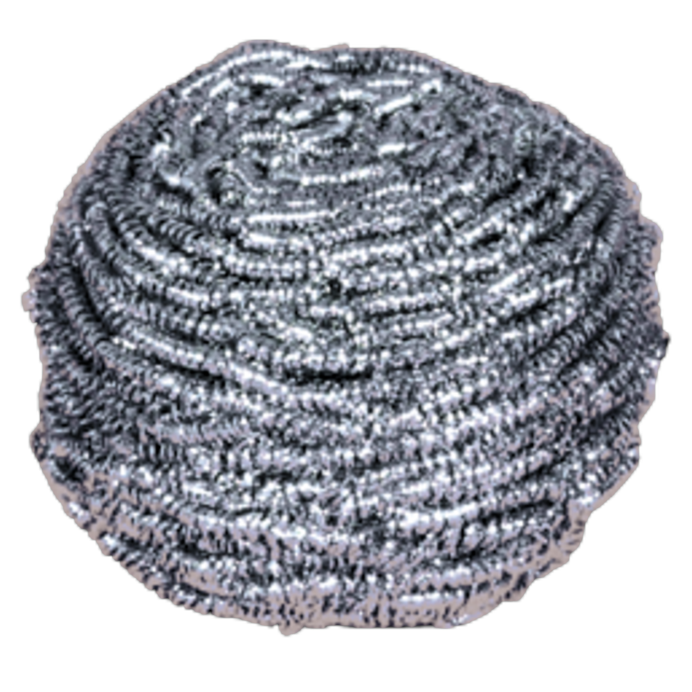 Nahaufnahme einer Abena Re-Seller GmbH Edelstahlspirale, 60 g, Packung (10 Stück): ein runder silberner Scheuerschwamm aus eng gewickelten Metallfäden zur Reinigung, dargestellt vor weißem Hintergrund.