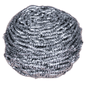 Närbild av en Abena Re-Seller GmbH rostfri spiral, 60 g, förpackning (10 stycken): en rund silverfärgad skursvamp av tätt lindade metalltrådar för rengöring, avbildad mot vit bakgrund.