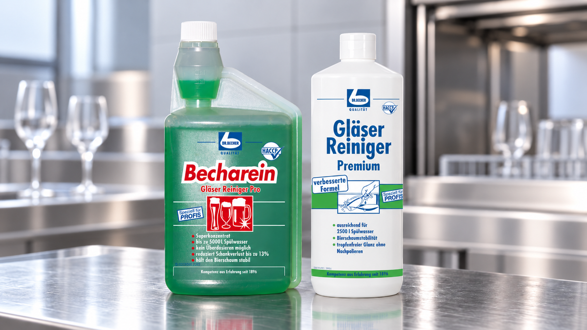 Dr. Becher Becharein und Gläser Reiniger Premium auf einer Edelstahltheke mit Gläsern