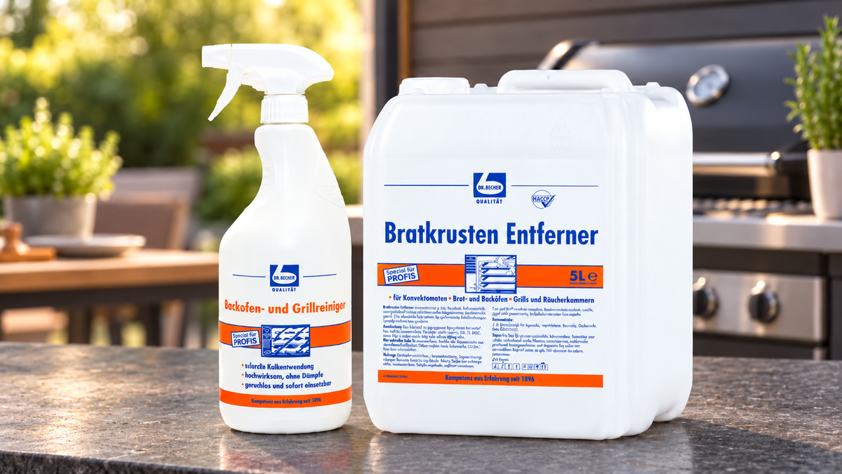 Dr. Becher Backofen- und Grillreiniger und Bratkrusten Entferner im Kanister vor einem Grill