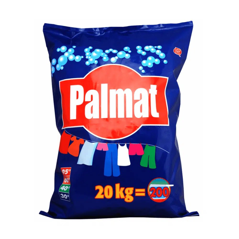En blå förpackning av det för storkonsumenter designade universaltvättmedlet Rösch Palmat pryds av en röd cirkellogo som är dekorerad med bilder av färgglada kläder och texten ”20 kg = 200”. Symboler på sidan anger de rekommenderade tvättemperaturerna för detta fulltvättmedel.
