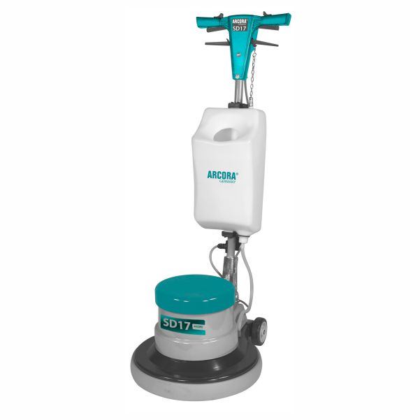 Die Arcora International GmbH Arcora Sd17 Einscheibenmaschine | 1 Set ist ideal für die professionelle Bodenreinigung, mit einer grauen Basis, türkisfarbenen Akzenten, großem Reinigungskopf und weißem Tank für effiziente Pflege.