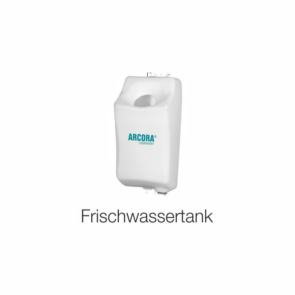 Weißer Arcora Sd17 Frischwassertank 10 L von Arcora International GmbH, mit Griff an der Oberseite, abgebildet vor weißem Hintergrund. Unterhalb des Tanks steht in schwarzer Schrift "Frischwassertank". Ideal für die Aufbewahrung von Wasser im Haushalt.