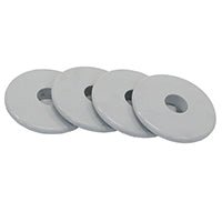 Fyra grå Novocal stötplattor för flerfunktionsvagnar (1 sats = 4 stycken) från Novocal ligger lätt överlappande på en vit bakgrund. Varje skiva har ett centralt hål, idealiskt som reservdel för din utrustning.