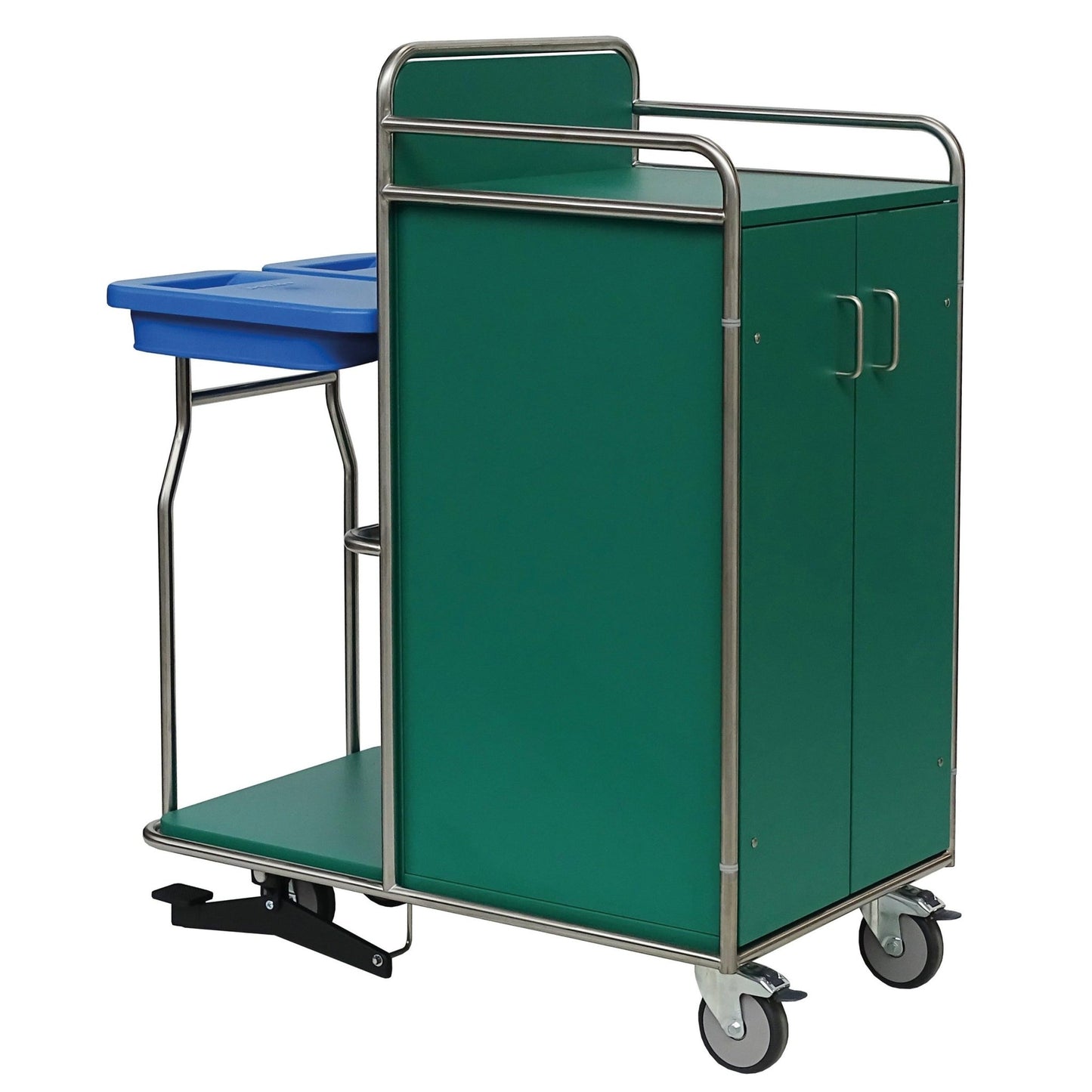 Novocal-stationsvagnen har en ram av rostfritt stål med två dörrar, fyra hjul, en nedre hylla, ett övre handtag och en blå Novocal plastbehållare med två fack på sidan. Alla röranslutningar är helsvetsade.