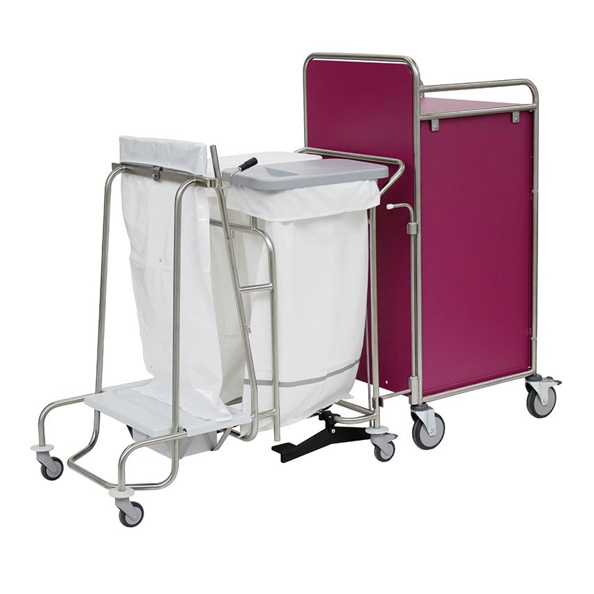 Novocal-vagnen har en kastanjebrun panel, en helsvetsad rostfri stålram, hjul och en vit plastpåseshållare med lock - perfekt för effektiv avfalls- eller tvättsamling inom vården.