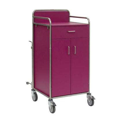 Novocal-vagn med en rostfri stålram, en övre låda, två nedre dörrar och fyra styrhjul är idealisk för sjukhus. Den är i violett färg, har helsvetsade runda röranslutningar och är avbildad på en enkel vit bakgrund.