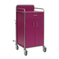 Novocal-vagn med en rostfri stålram, en övre låda, två nedre dörrar och fyra styrhjul är idealisk för sjukhus. Den är i violett färg, har helsvetsade runda röranslutningar och är avbildad på en enkel vit bakgrund.