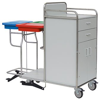 Novocal-stationsvagnen har en rostfri stålram med helsvetsade runda rörförbindelser, två soptunnor med fotpedal (rött och grönt lock), lådor, ett skåp och hjul - idealisk för varje medicinsk anläggning. Förpackning: 1 styck.