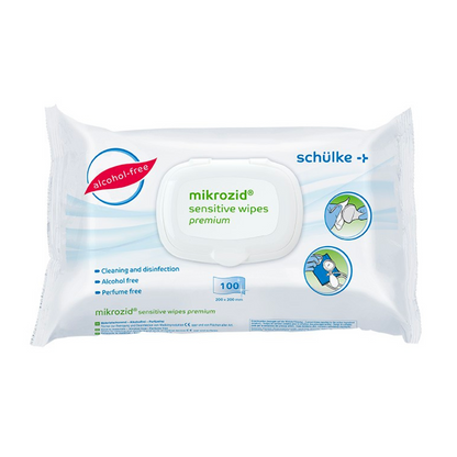 En förpackning Schülke Mikrozid® sensitive wipes Jumbo desinfektionsdukar från Schülke & Mayr GmbH i en vit återförslutningsbar plastförpackning med blå och grön text samt symboler för de alkohol- och parfymfria egenskaperna, innehåller