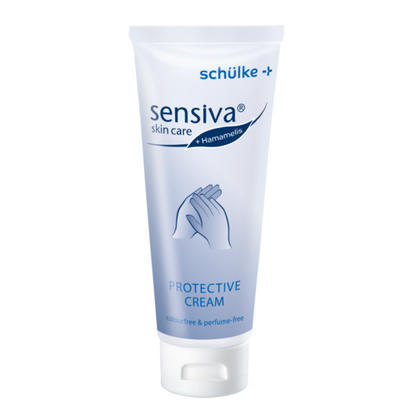 Schülke sensiva® skyddskräm hudskydd finns i en vit tub med blå märkning som framhäver dess vatten-i-olja-formel. Den är fri från färgämnen och parfym och visar en bild av händer på framsidan för att betona skyddet mot hudirritationer.