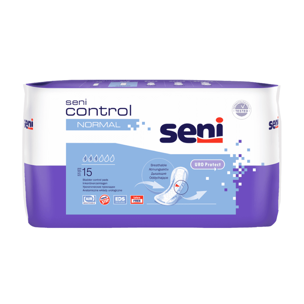 En förpackning med 15 Seni Control Normal inkontinensinlägg från TZMO Deutschland GmbH i lila-vit design med produktdetaljer. Dessa inlägg erbjuder andningsbart, diskret och bekvämt skydd vid inkontinens.
