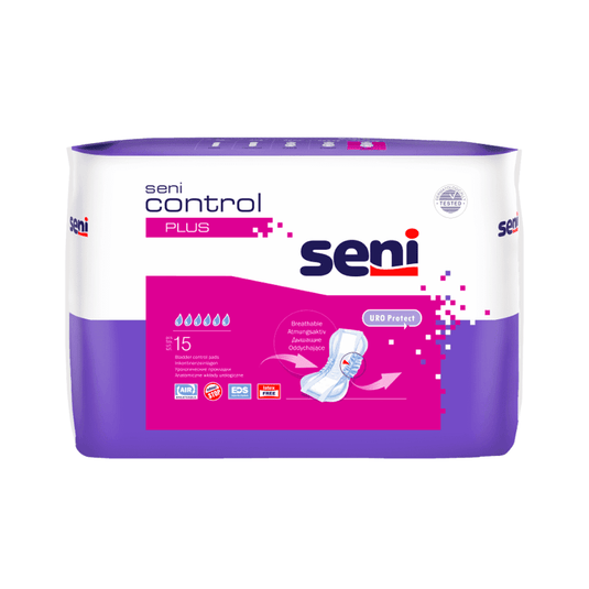 En förpackning Seni Control Plus-inkontinensinlägg från TZMO Deutschland GmbH innehåller 15 inlägg, har läckageskydd och levereras i en lila-vit förpackning med produktlogotyp och en bild av inlägget på framsidan.