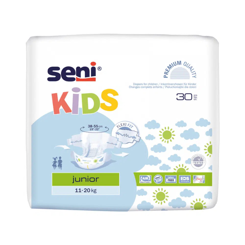 Avbildad är en förpackning Seni Kids a30 andningsbara inkontinensbyxor för barn från TZMO Deutschland GmbH med färgglada designer, med texten "11-20 kg" och "30 stycken". Den har symboler för luftcirkulation, flexibel passform och premiumkvalitet och framhäver dess andningsbara ytterlager.