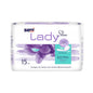 Seni Lady Slim Extra inkontinensskydd från TZMO Deutschland GmbH: Förpackning med 15 stycken, lila-blommigt design, tysk text, betonar bärkomfort. Idealisk vid lätt till måttlig blåssvaghet.