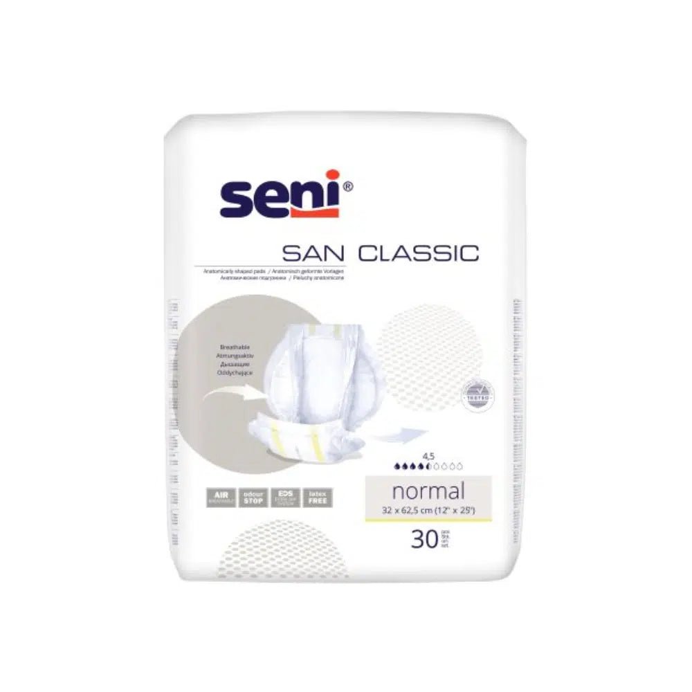 En förpackning San Seni Classic Normal inkontinensskydd från TZMO Deutschland GmbH innehåller 30 inlägg, har en vit förpackning med blå-grå skrift, är idealisk vid urinblåsesvaghet och visar en bild av inläggsdesignen.