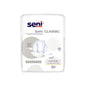 En förpackning San Seni Classic Normal inkontinensskydd från TZMO Deutschland GmbH innehåller 30 inlägg, har en vit förpackning med blå-grå skrift, är idealisk vid urinblåsesvaghet och visar en bild av inläggsdesignen.