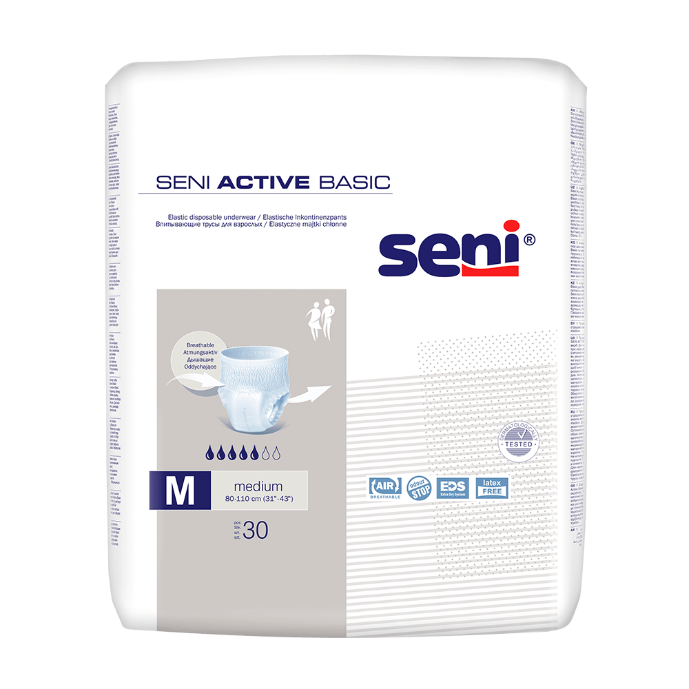 En 30-pack Seni Active Basic inkontinensbyxor i storlekarna M-XL från TZMO Deutschland GmbH. Den övervägande vita förpackningen innehåller blå och grå text, en blöjbild och produktinformation. Lämplig för midjemått på 60–110 cm.